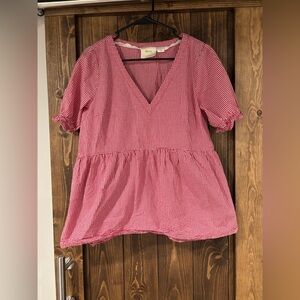 Anthropologie Maeve Babydoll Top Red Checkered Gingham Puff Sleeve Ruffles MP